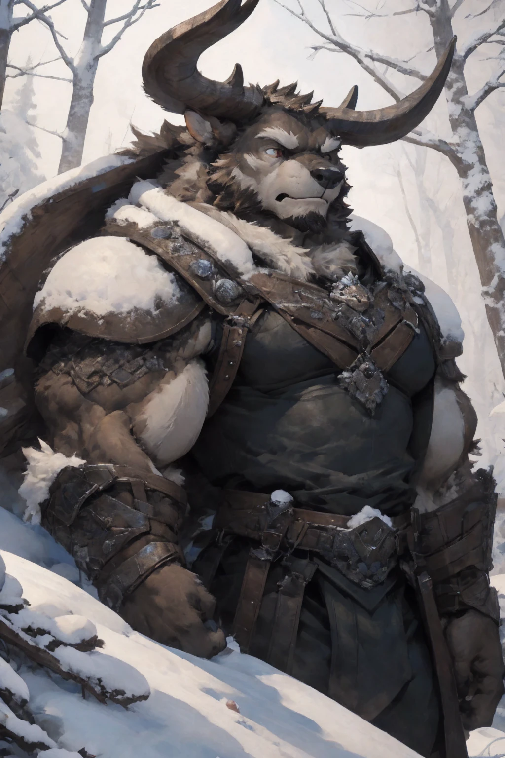 Minotaur, solo, muscular, perfect_eyes, perfect_face, abs, big_chest,wide_body, muscular_arms, winter, snowforest_background, solo, minotaur, angry, half_body, close_up, manly, man, muscular, brown_horns, big_eyes, orange_eyes, glowing_eyes, bara_body,hyper_muscles, hyper_chest, hyper_muscular_body, huge,forest, snow,snowy_forest, armor_pants, half_body,closeup, medieval_armor ,iron armor,armor,canines, moth_closed, angry,serious, HD, 4k, high_detailed_background, sunbeam,by kenket, bydarkgem, by miosha