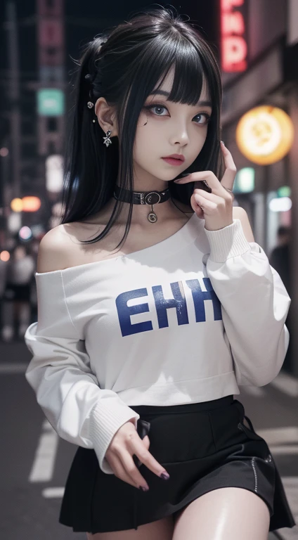 Cinema Lighting、(Key Light:Front 45 degree angle, Subsidy Light、Backlight、Shadow、Blue and orange color palette), Accurate human body、Knowledgeable person、Correct five-finger、RAW Photos、4K - ultra-vivid、Highest quality, masterpiece, Ultra-high resolution, (reality: 1.4),
(((Oilskin,Glowing Skin、Realistic skin texture、Beautiful skin in every detail、Shiny skin、Shiny skin)))、
(((Beautiful Eyes、Exquisitely drawn eyes、Right eye is red、Left eye is blue、big, Round eyes)))、
Beautiful youth, 19-year-old girl, Attractive girl, Cool girl、girl、、((赤いHeavy makeup))、((Small )) 、 girl 1人, Off-the-shoulder sweater dresses, Cinema Lighting、purple and black hair、(Mine girl、Goth Makeup、My Makeup)、(Earrings、Small 、An oversized white t-shirt with open shoulders、Dark )、((Heavy makeup、Oilskin,Glowing Skin、Realistic skin texture、Fine and beautiful skin、Shiny skin)), Dark downtown at night、Kabukicho、Dark Cyberpunk、(Full Shot:1.8)、Thin legs、Thin arms、Narrow shoulders、Tight waist、Slender body、Small 、whole body、Rock、
