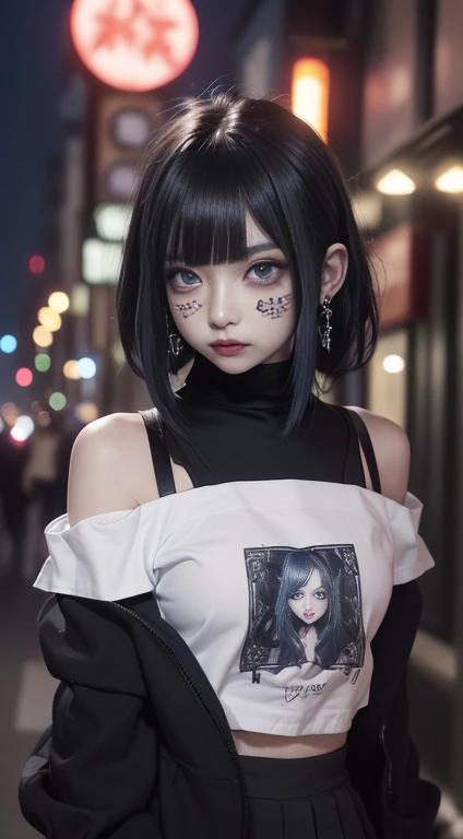 Cinema Lighting、(Key Light：Front 45 degree angle, Subsidy Light、Backlight、Shadow、Blue and orange color palette), Accurate human body、Knowledgeable person、Correct five-finger、RAW Photos、4K - ultra-vivid、Highest quality, masterpiece, Ultra-high resolution, (reality: 1.4), 


(((Oilskin,Glowing Skin、Realistic skin texture、Beautiful skin in every detail、Shiny skin、Shiny skin)))、
(((Beautiful Eyes、Exquisitely drawn eyes、Right eye is red、Left eye is blue、big, Round eyes)))、
Beautiful youth, 19-year-old girl, Attractive girl, Cool girl、girl、、((赤いHeavy makeup))、((Small )) 、 girl 1人,  Off-the-shoulder sweater dresses, Cinema Lighting、purple and black hair、(Mine girl、Goth Makeup、My Makeup)、(Earrings、Small 、An oversized white t-shirt with open shoulders、Dark )、((Heavy makeup、Oilskin,Glowing Skin、Realistic skin texture、Fine and beautiful skin、Shiny skin)), Dark downtown at night、Kabukicho、Dark Cyberpunk、(Full Shot:1.8)、Thin legs、Thin arms、Narrow shoulders、Tight waist、Slender body、Small 、whole body、Rock、