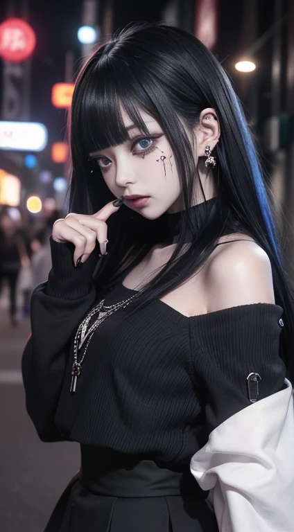 Cinema Lighting、(Key Light:Front 45 degree angle, Subsidy Light、Backlight、Shadow、Blue and orange color palette), Accurate human body、Knowledgeable person、Correct five-finger、RAW Photos、4K - ultra-vivid、Highest quality, masterpiece, Ultra-high resolution, (reality: 1.4),
(((Oilskin,Glowing Skin、Realistic skin texture、Beautiful skin in every detail、Shiny skin、Shiny skin)))、
(((Beautiful Eyes、Exquisitely drawn eyes、Right eye is red、Left eye is blue、big, Round eyes)))、
Beautiful youth, 19-year-old girl, Attractive girl, Cool girl、girl、mini skirt、((赤いHeavy makeup))、((Small breasts)) 、 girl 1人, Off-the-shoulder sweater dresses, Cinema Lighting、purple and black hair、(Mine girl、Goth Makeup、My Makeup)、(Earrings、Small breasts、An oversized white t-shirt with open shoulders、Dark mini skirt)、((Heavy makeup、Oilskin,Glowing Skin、Realistic skin texture、Fine and beautiful skin、Shiny skin)), Dark downtown at night、Kabukicho、Dark Cyberpunk、(Full Shot:1.8)、Thin legs、Thin arms、Narrow shoulders、Tight waist、Slender body、Small breasts、whole body、Rock、