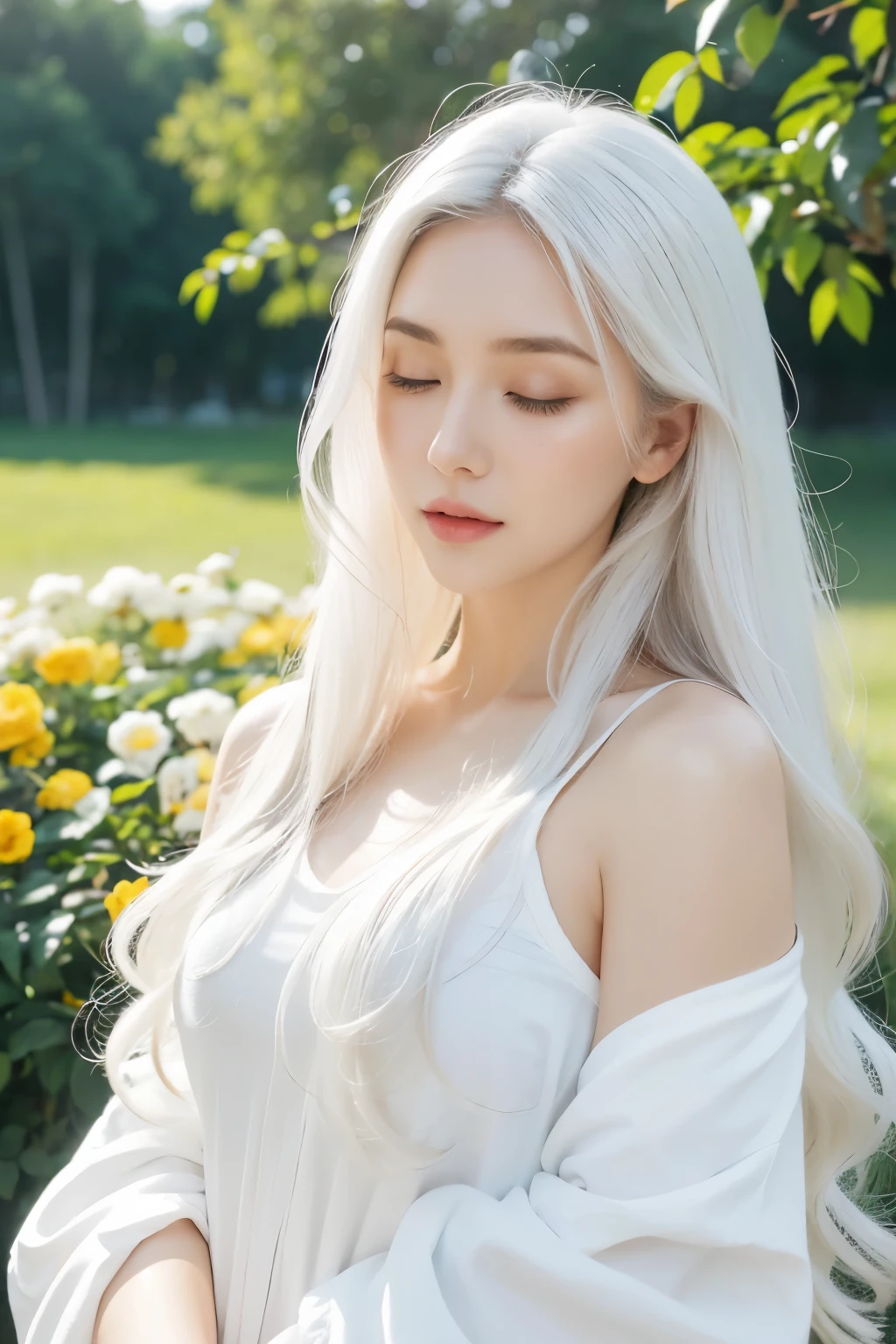 1 woman, White long curly hair，Natural and beautiful hair，The background is simple, clean and beautiful. White hair. House. Close eyes. Artístico. Close lips. Flowers. 