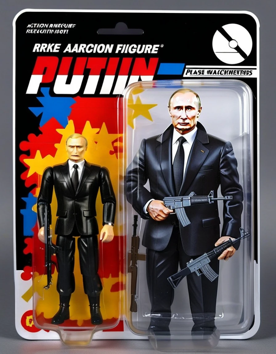 An action figure of Putin in a plastic box, resembling a photograph. The figure is in a Excitement in standing with a AK-74machinegun, wearing dark grey suits, The packaging displays Putin's moments shout Ura and his signature interpretation,