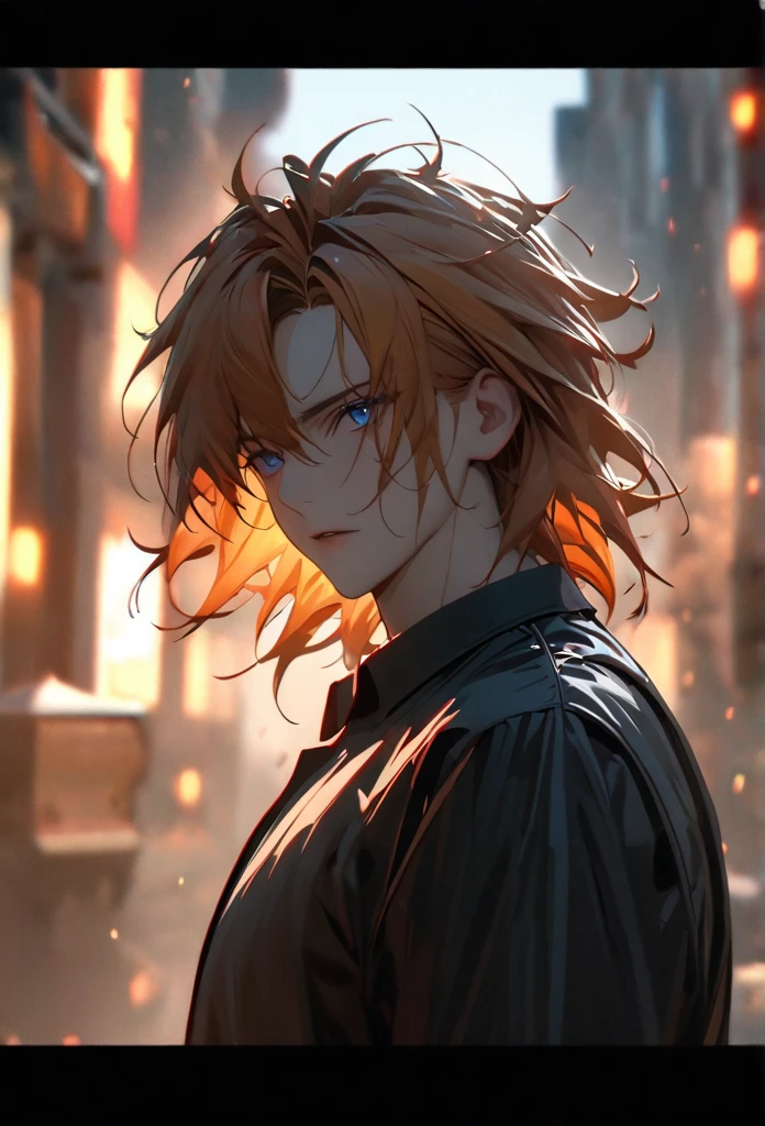 (solo), orange hair, messy hair, mane hair, short hair, dense hair, wild hair, expressive hair, mature,(25 year old), pale skin, blue eyes, ((male)), muscular body, wearing a black dress shirt,, handsome, attractive, eye reflection, depth of field, thunder aura,cinematic lighting, ray tracing, depth of field, cinematic lighting, ray tracing, UHD, high details, best quality, highres, high quality, award winning, super detail, masterpiece, 8k, UHD, high details, best quality, highres, high quality, award winning, super detail, masterpiece, 8k, digital art, anime coloring, body shot, good face, perfect face, detailed face, good eyes