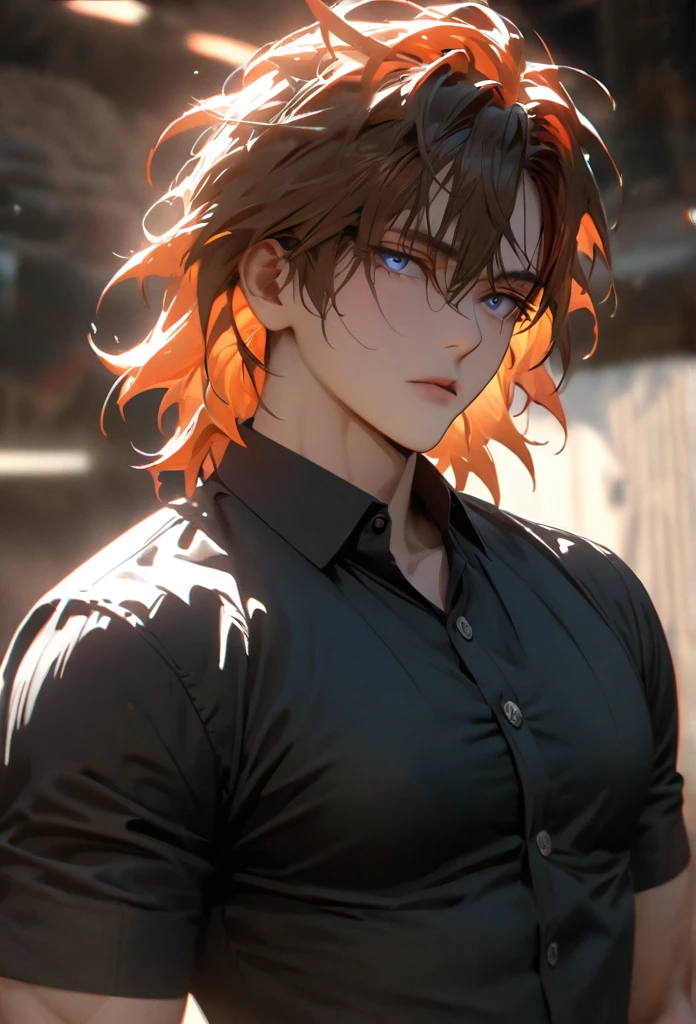 (solo), orange hair, messy hair, mane hair, short hair, dense hair, wild hair, expressive hair, mature,(25 year old), pale skin, blue eyes, ((male)), muscular body, wearing a black dress shirt,, handsome, attractive, eye reflection, depth of field, thunder aura,cinematic lighting, ray tracing, depth of field, cinematic lighting, ray tracing, UHD, high details, best quality, highres, high quality, award winning, super detail, masterpiece, 8k, UHD, high details, best quality, highres, high quality, award winning, super detail, masterpiece, 8k, digital art, anime coloring, body shot, good face, perfect face, detailed face, good eyes