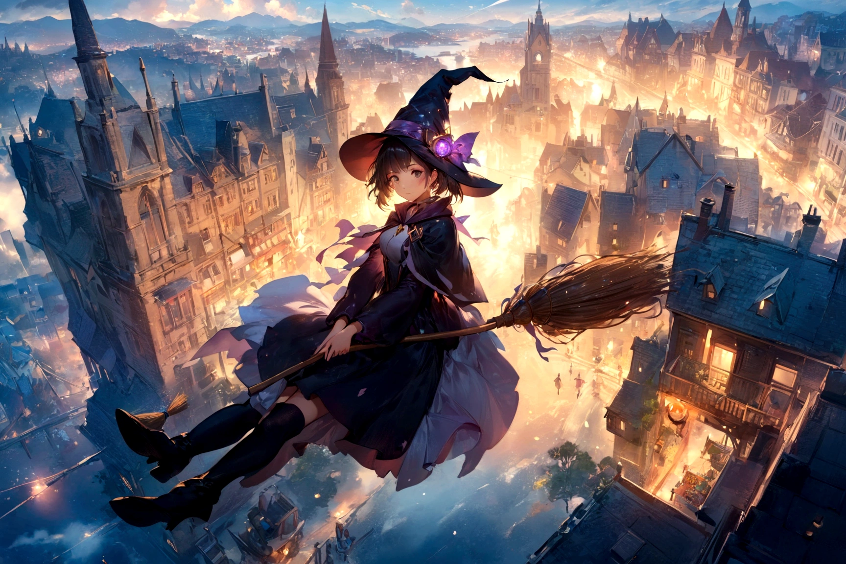 witch flying over a city with a broom and a hat, guweiz on artstation pixiv, guweiz on pixiv artstation, ross tran 8 k, 2. 5 d cgi anime fantasy artwork, guweiz, sky witch, artwork in the style of guweiz, mechanized witch girl, anime fantasy artwork, ross tran. scenic background