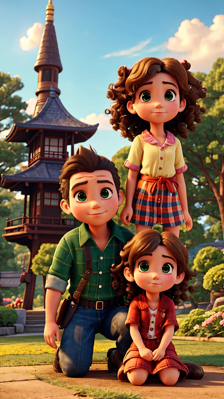 Create a Japanese anime-style scene in the same small, sunny town park. It’s still a bright, clear day with fluffy clouds in the sky. The scene features Jake, a man in his mid-40s with graying hair, a kind face, and medium build, wearing jeans and a flannel shirt. He is kneeling next to a young girl named Mia, around 8 years old, with curly hair, big expressive eyes, and dressed in colorful, playful clothes.
Jake is fixing Mia’s broken bicycle while they chat. Mia is watching Jake intently, her expression shifting from dejection to hope and excitement. The sun is setting in the background, casting a warm, golden glow over the scene. The park’s lush green trees and colorful flowers are visible, maintaining consistency with previous scenes. A few park-goers can be seen enjoying the evening in the background.
Please ensure the style is consistent with traditional Japanese anime, with bright colors, expressive characters, and detailed backgrounds.