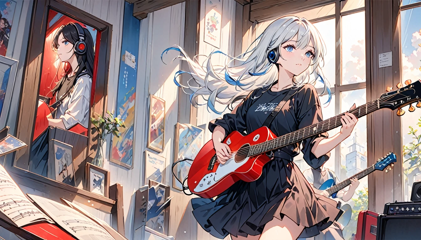 ((masterpiece、Highest quality)) One girl、alone、Black Skirt、Silver-white hair、blue eyes、エレキguitar、guitar、Headphones、lift、Thorn、musical instrument、long hair、music、From one side to the top、Red reflection black hair、playing the guitar、Black Shirt、Inside