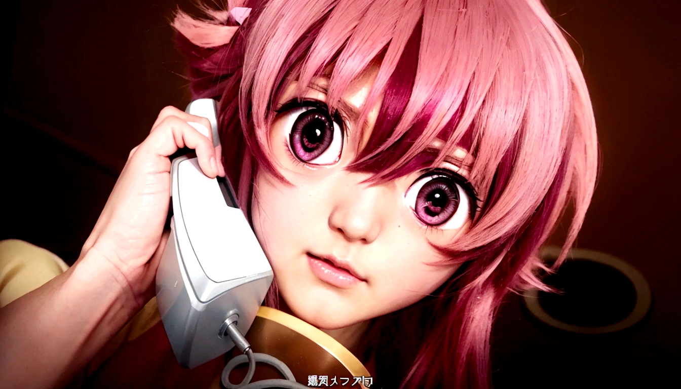 Anime girl with pink hair and hiperrealistic pink eyes talking on cell phone., Mirai Nikki, Chica anime realista llamada Gasai Yuno, hiperrealistic nose hiperrealistic pink eyes, Gasai Yuno, closeup of another iwakura, Gasai Yuno, Gasai Yuno, she has a nice expressive face, Gasai Yuno, screenshot from a 2012 anime, in the anime movie, scene!!, Shocking