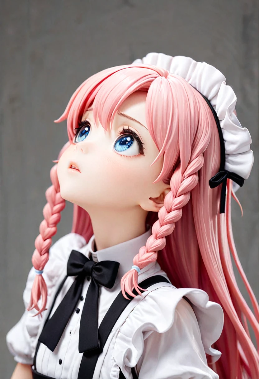 best quality, masterpiece,pink long hair, blue eyes,maid clothes, looking up, upper body,hair strand,Fair skin,side braids,  around 10 age