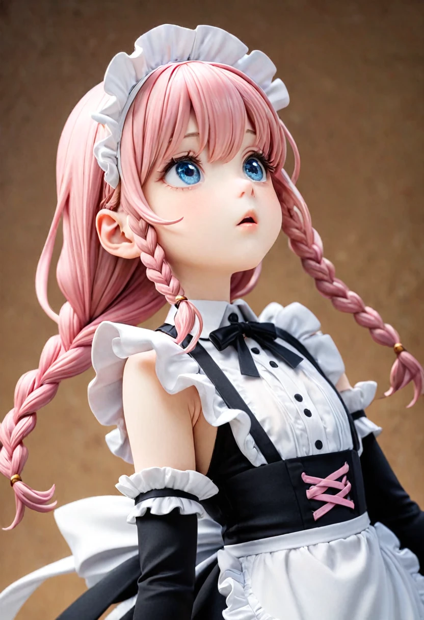 best quality, masterpiece,pink long hair, blue eyes,maid clothes, looking up, upper body,hair strand,Fair skin,side braids,  around 10 age