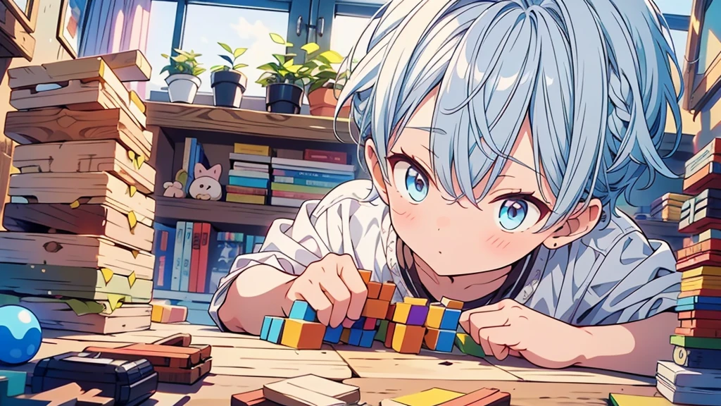 1boy,1Mother,Highest quality、Masterpiece、Official Art、The best dynamic composition、A three-year-old boy is playing with stacking blocks at a nursery school.、Hair is light blue