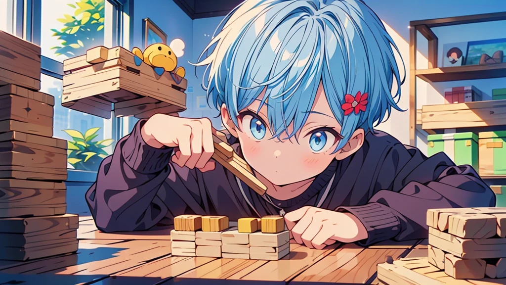 1boy,1Mother,Highest quality、Masterpiece、Official Art、The best dynamic composition、A three-year-old boy is playing with stacking blocks at a nursery school.、Hair is light blue