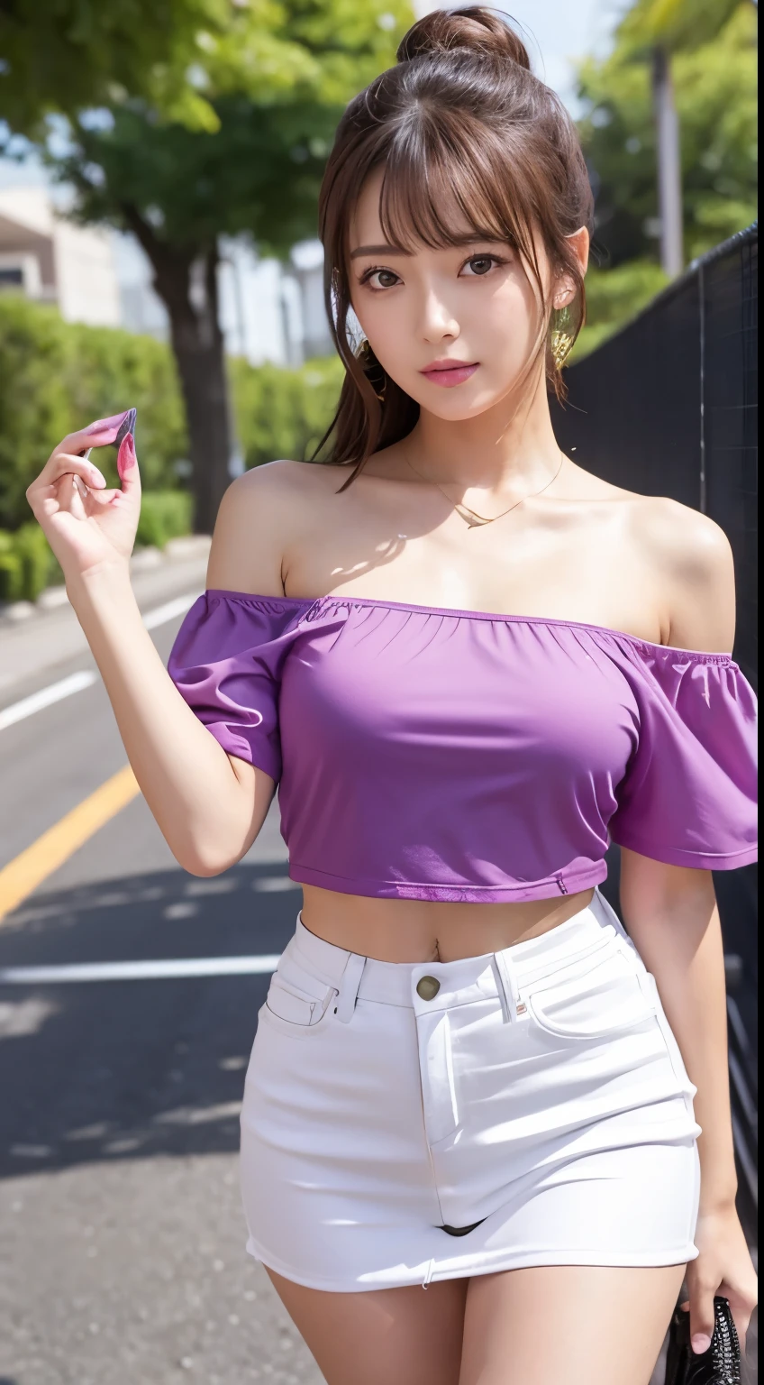 ((masutepiece))、Highest quality、Disorganized、Super detailed、 that lets your skin show through、Holographic、Cowboy Shot、Dynamic pose、Golden Ratio、Super cute girl、Mature Girls、idle girl、Super beautiful Asian girl with very beautiful purple sparkling eyes、Beautiful shiny brown multicolored hair、High Ponytail、Nice and  body、Slim body、Perfect body、Super tight uper tight off-the-shoulder short sleeve crop top、Super aesthetic  mini jacket、Beautiful hair decoration、pink jordan tennis、Disco