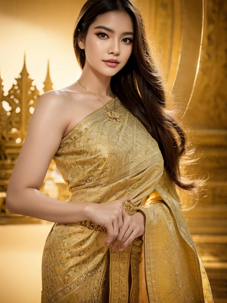 (masterpiece, best quality:1.2), 1girl, solo, thai girl, thai dress, dress, big breasts, beautiful detailed eyes, beautiful detailed lips, extremely detailed face and eyes, long eyelashes, flowing hair, intricate clothing details, photorealistic, 8k, natural lighting, warm color tones, fantasy art, cinematic lighting