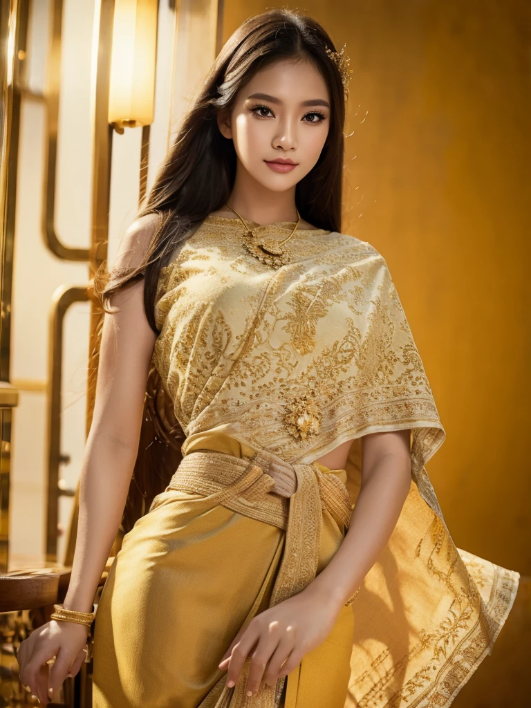 (masterpiece, best quality:1.2), 1girl, solo, thai girl, thai dress, dress, big breasts, beautiful detailed eyes, beautiful detailed lips, extremely detailed face and eyes, long eyelashes, flowing hair, intricate clothing details, photorealistic, 8k, natural lighting, warm color tones, fantasy art, cinematic lighting