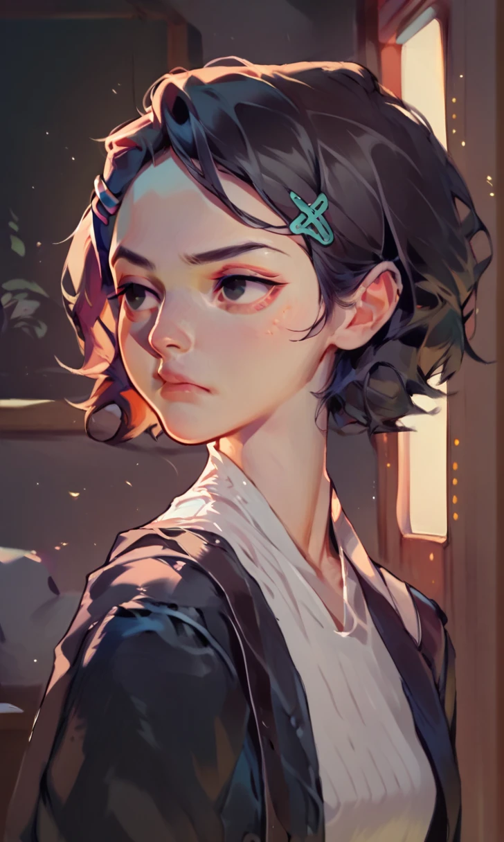 (score_9, score_8_up), score_7_up, score_6_up, score_5_up, score_4_up, Zenko, 1girl, black hair, rim lighting, half-length portrait, hair ornament, hairclip, black eyes, short hair, black leather jacket, white dress, standing, hands behind back, looking away, pout, white socks, black footwear, cheeks, pout, indoors, bedroom, close-up xaxaxa
