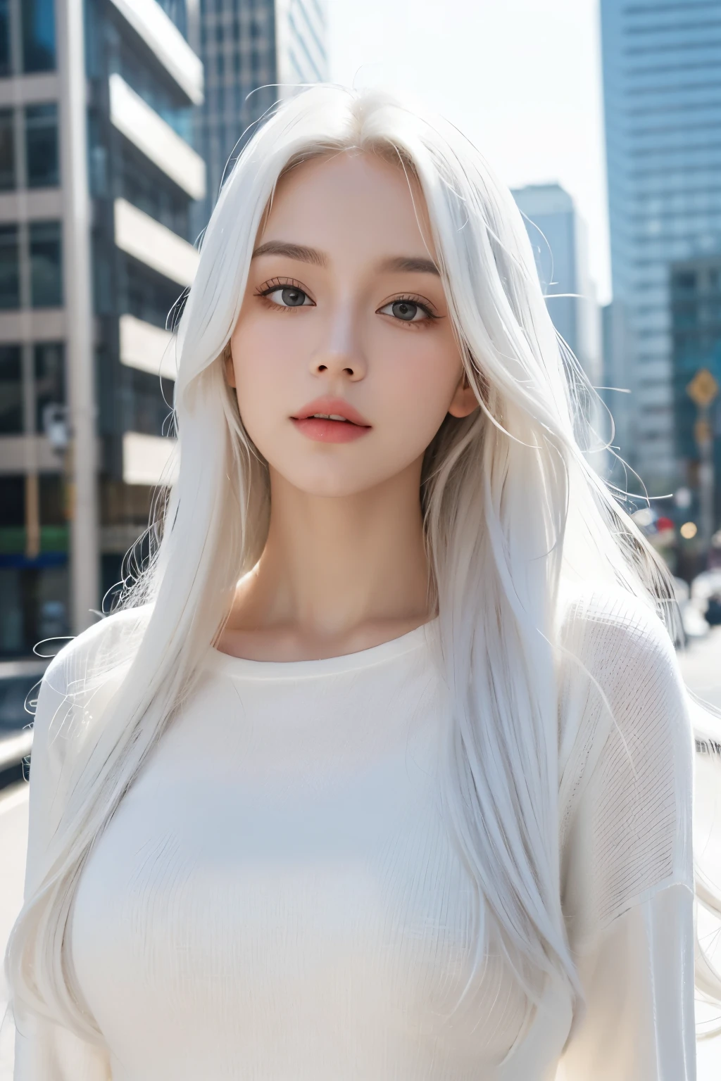1 woman, White long curly hair,Natural and beautiful hair,The background is simple, clean and beautiful. White hair. Close lips. City.