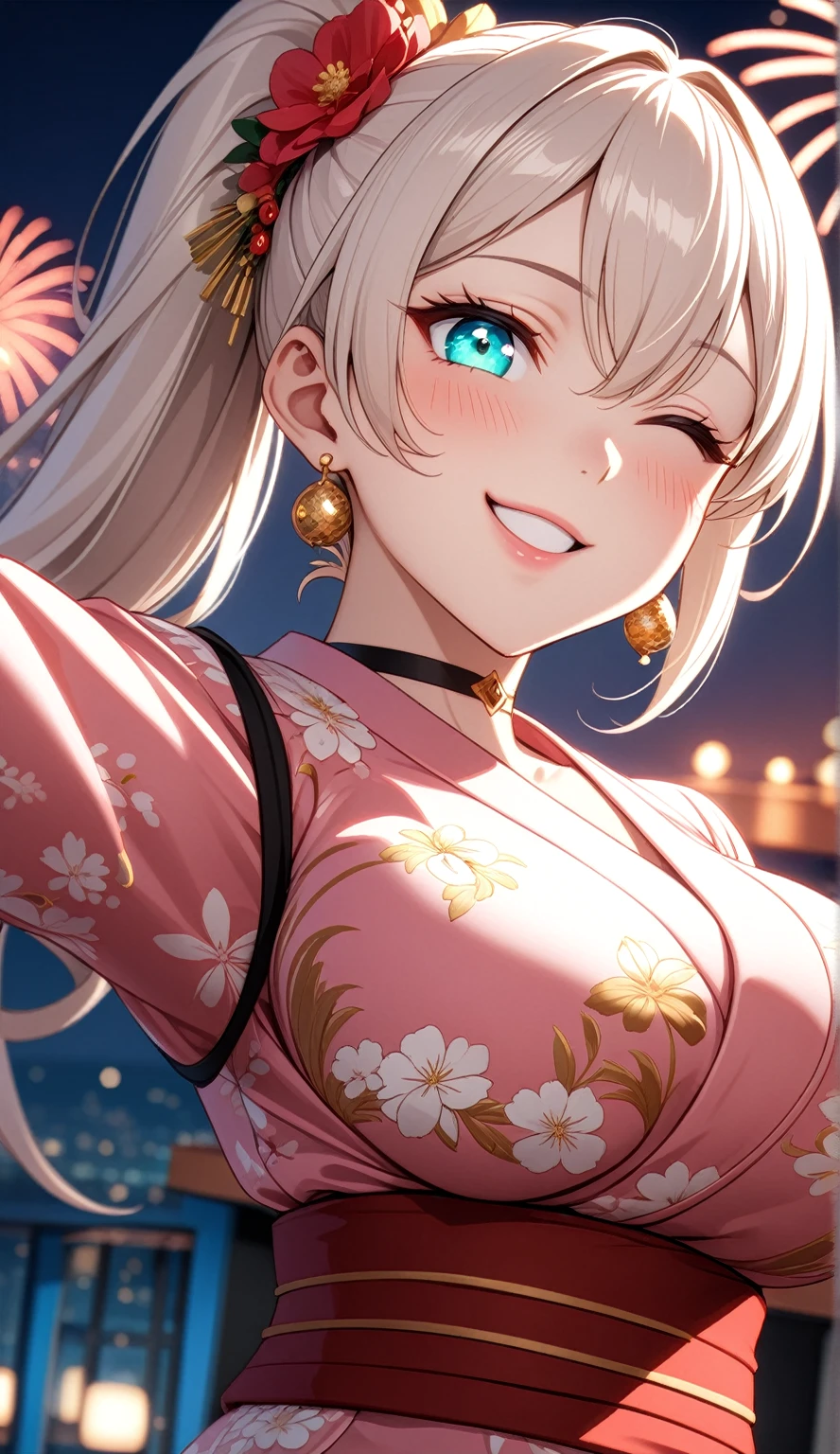 ((One personの女性)), Beautiful Face, head tilt, ((laugh)),((Wink:1.9)),((Touch your lips)), Laugh with your mouth wide open,((Bright red cheeks:1.4)),Shiny red lips,night,rooftop,You can see the ocean, firework,Laughing with your mouth open,Glossy pink lips,Facial lighting,((Anime style background)),masterpiece, Highest quality, so beautiful,up to date, Complex details, (Pink long nails), (4fingers and 1thumbs), (ring),(bracelet),(choker),AI-generated, Complex,High resolution, Highest quality, super high quality,3D Images、3D Images,One person,Long blonde hair,High Ponytail,(Turquoise Eyes),Anime woman posing for a photo, ((Fine grain、Colorful eyes on white、Shining Eyes:1.3)),(Squint your eyes:1.1),a hyperRealistic , hyperRealistic , Realistic,Anime woman with long white hair, Smooth anime CG art, A woman in a colorful kimono with gold embroidery, (Pink long sleeve kimono),Red floral pattern,Long flower hair ornament,Earrings,Mature Body,(Big Breasts:1.1),expensive,Abdominal muscles,Tight waist,(Zoom up to face:1.7),Shooting from diagonally below