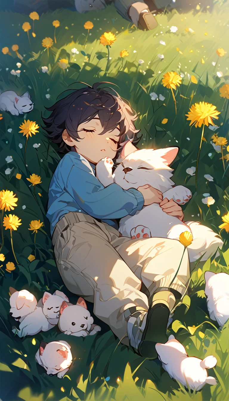 masterpiece, best quality, 8k, 4k, 1boy, sleeping, dark blue hair with red stripes, blue long sleeve shirt, short pale brown pants with pocket, lay down on the field, a small white furry puppy sleeping next to the boy, cute round siberian white puppy, white dandelions fields, dandelions Taraxacum erythrosperm, wind blowing, sleeping on the fields, finely detailed eyes and detailed face, inspired by Asukaziye artist : ask, art style : ask