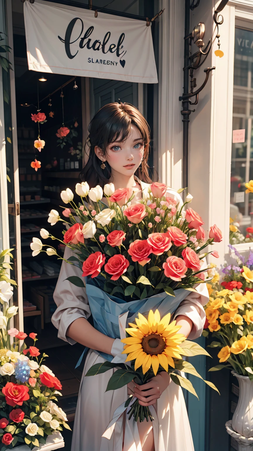 I was looking at the various flowers lined up in front of the flower shop.、Everyone has their own preferences, but they&#39;re all beautiful、24 year old Caucasian female、Sexy proportions、Sexy、smile、smile、happiness