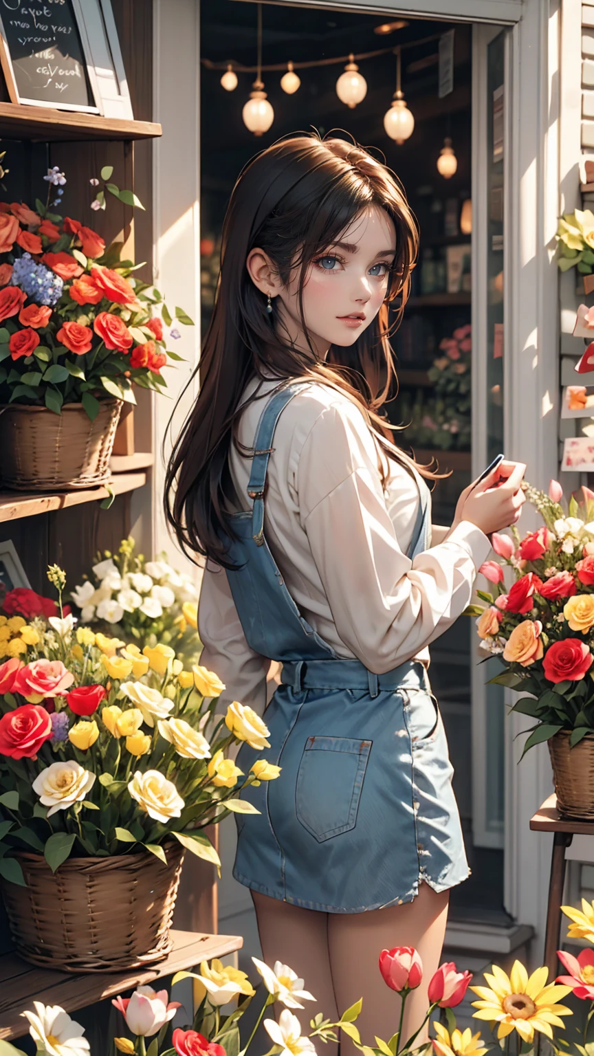 I was looking at the various flowers lined up in front of the flower shop.、Everyone has their own preferences, but they're all beautiful、24 year old Caucasian female、Sexy proportions、Sexy、smile、smile、happiness