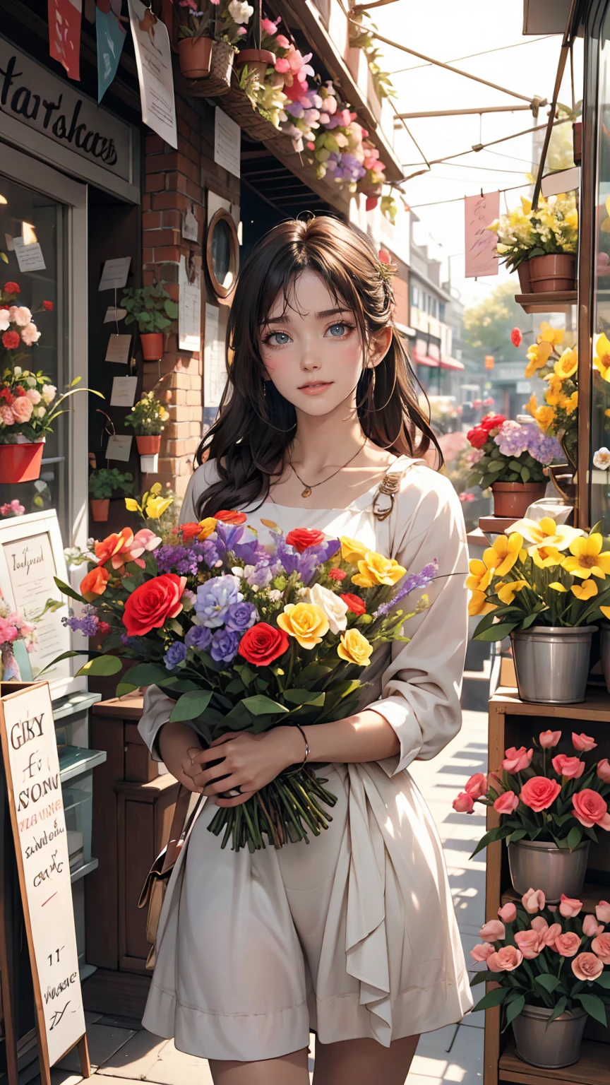 I was looking at the various flowers lined up in front of the flower shop.、Everyone has their own preferences, but they're all beautiful、24 year old Caucasian female、Sexy proportions、Sexy、smile、smile、happiness