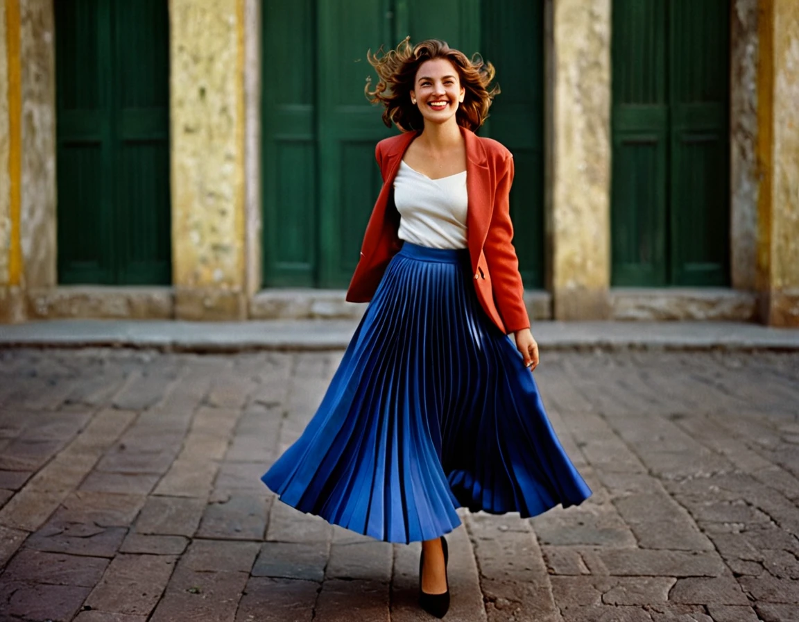 A smiling, authentic, (shy:1,3), kind, beautiful woman, is passionately in love with her skirt, wind wildly flowing her skirt, wearing short blazer and (long (fully pleated) full circle skirt) and (low heeled court shoes), very, very intricate hyper-detailed symmetric (attractive graceful young feminine face) with (sad, tired eyes and a loving smile), very voluptuous ???????, full of empathy and compassion and love, (pronounced (feminine) features), (highly detailed ultra accurate realistic) hands and fingers, (windy), epic composition, highly detailed attributes, (35mm f1.4 Kodak portra 400 photograph), extremely high quality RAW photograph, highly detailed atmosphere, sci-fi, cinematic shot, dynamic lighting, 75mm, Technicolor, Panavision, cinemascope, sharp focus, fine details, 8k, HDR, realism, realistic, key visual, film still, superb cinematic color grading, depth of field