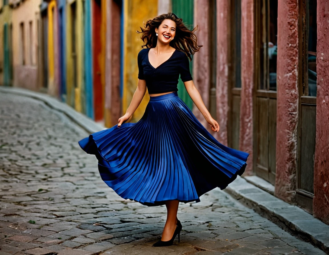 A smiling, authentic, (shy:1,3), kind, beautiful woman, is passionately in love with her skirt, wind wildly flowing her skirt, wearing short blazer and (long (fully pleated) full circle skirt) and (low heeled court shoes), very, very intricate hyper-detailed symmetric (attractive graceful young feminine face) with (sad, tired eyes and a loving smile), very voluptuous breasts, full of empathy and compassion and love, (pronounced (feminine) features), (highly detailed ultra accurate realistic) hands and fingers, (windy), epic composition, highly detailed attributes, (35mm f1.4 Kodak portra 400 photograph), extremely high quality RAW photograph, highly detailed atmosphere, sci-fi, cinematic shot, dynamic lighting, 75mm, Technicolor, Panavision, cinemascope, sharp focus, fine details, 8k, HDR, realism, realistic, key visual, film still, superb cinematic color grading, depth of field