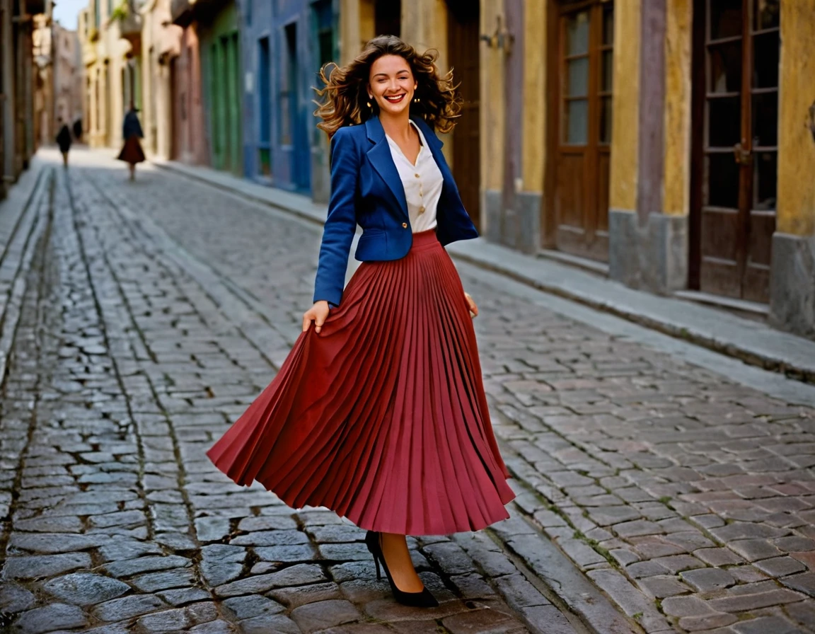 A smiling, authentic, (shy:1,3), kind, beautiful woman, is passionately in love with her skirt, wind wildly flowing her skirt, wearing short blazer and (long (fully pleated) full circle skirt) and (low heeled court shoes), very, very intricate hyper-detailed symmetric (attractive graceful young feminine face) with (sad, tired eyes and a loving smile), very voluptuous breasts, full of empathy and compassion and love, (pronounced (feminine) features), (highly detailed ultra accurate realistic) hands and fingers, (windy), epic composition, highly detailed attributes, (35mm f1.4 Kodak portra 400 photograph), extremely high quality RAW photograph, highly detailed atmosphere, sci-fi, cinematic shot, dynamic lighting, 75mm, Technicolor, Panavision, cinemascope, sharp focus, fine details, 8k, HDR, realism, realistic, key visual, film still, superb cinematic color grading, depth of field