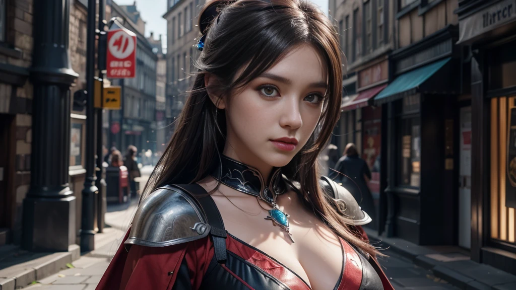 Female Mage Close-up, Girl in robe, 2. 5D CGI anime fantasy artwork, Large Breasts,Epic fantasy digital art style, detailed Digital 2D fantasy art, Digital 2D fantasy art, Gorgeous female mage,Looking at the camera,(glowing magic:1.7) Role Playing Game Character Art, Beautiful female mage, Fantasy Character Art, Epic and beautiful character art, Beautiful female mage,(Edinburgh Street:1.8),light rain,semi-body photography,Looking at the camera
