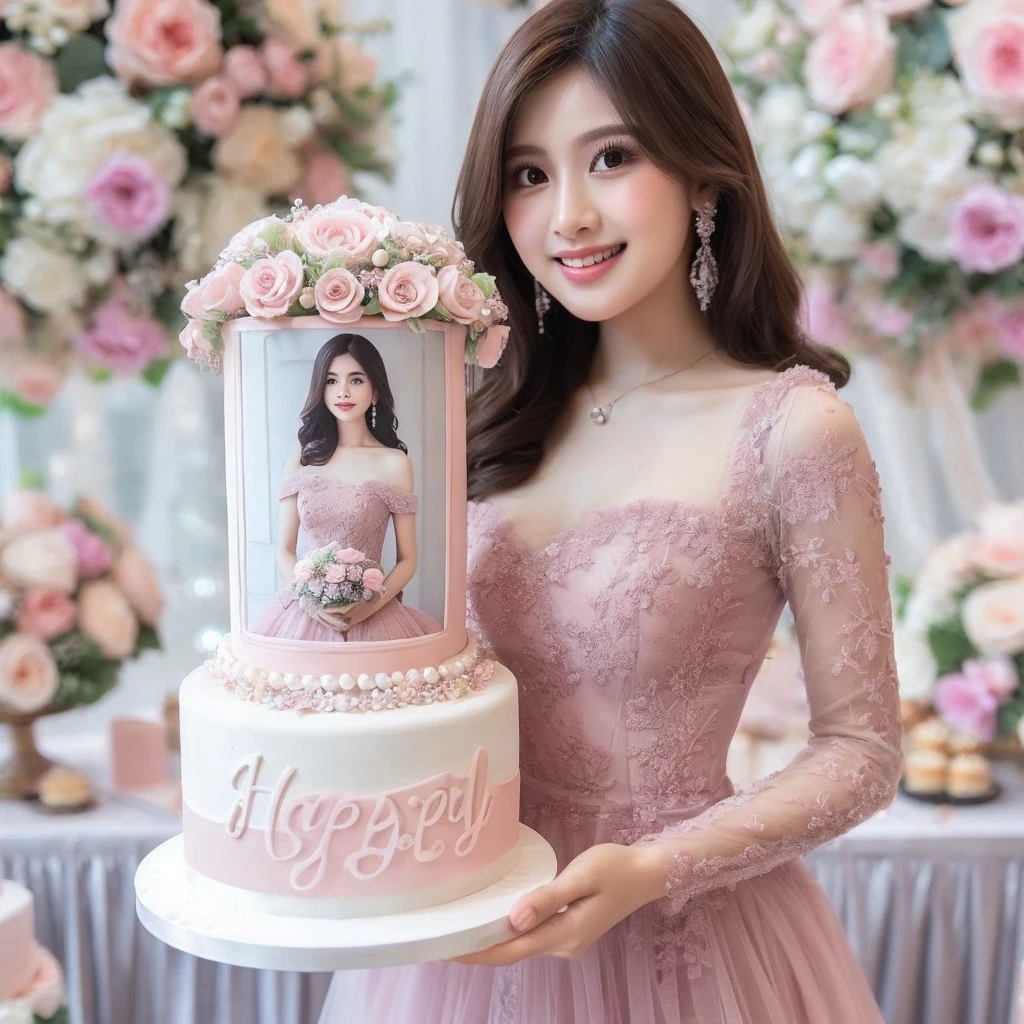Make a very beautiful and sweet Indonesian woman, ideal body 22 years old, brown hair dressed in a soft pastel pink dress. surrounded by flowers. wearing a soft pink dress, pastel colors, tassels and ribbon ruffles, fantasy dress, wearing a soft pink dress, pastel colors, soft party dress, pastel colors, soft pink romantic tutu, pastel colors, magic dress, soft pink dress, pastel colors , in soft pastel pink or purple long dress, wearing a beautiful dress, soft pastel pink tutu, wearing a soft pastel pink romantic tutu. Both hands are holding a very beautiful and delicious-looking birthday cake with a beautiful and luxurious two-tiered design with a white base color, there is a picture of a beautiful Indonesian woman wearing a matching dress. smile softly and sweetly. The side is decorated with white mauve pink roses and small white pearls. The cake was placed on a table covered with silver cloth, and on the cake was the words "Happy Birthday" "Amel" the writing must be clear and correct