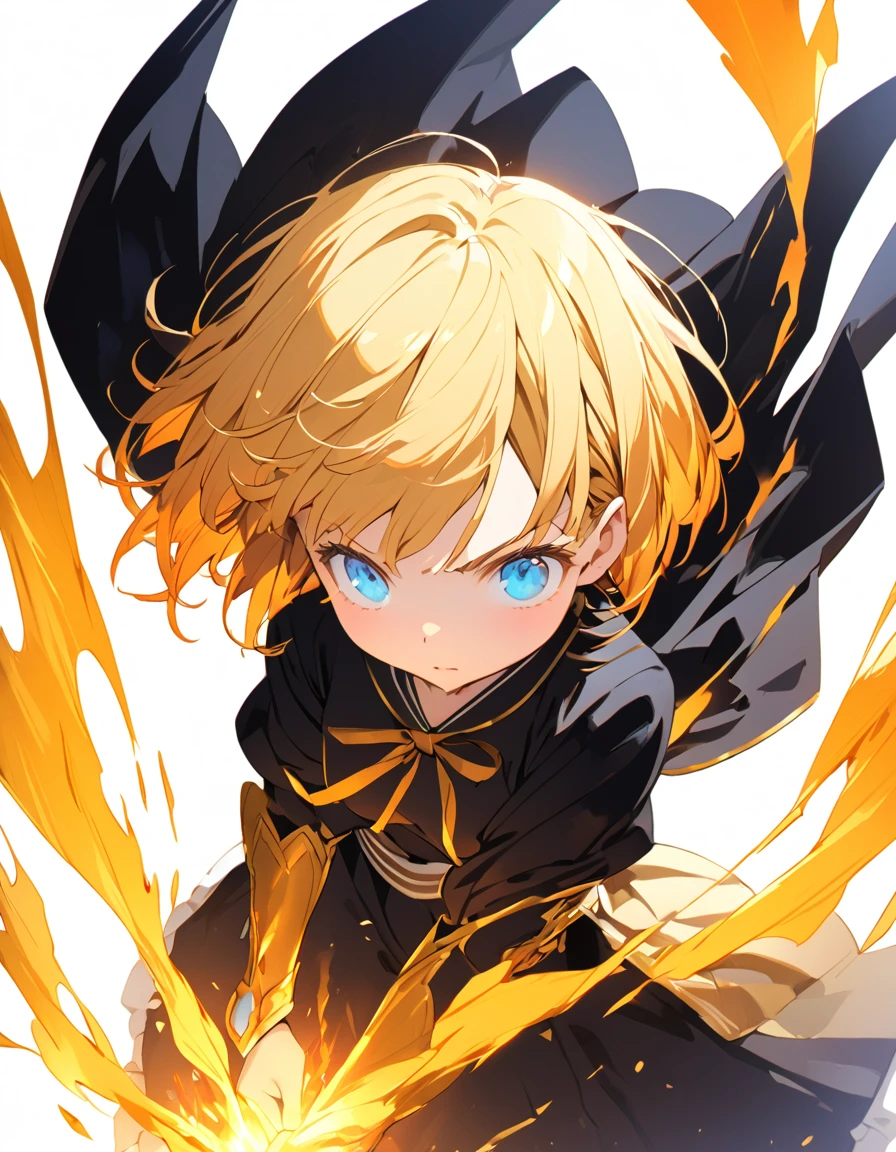 A masterpiece of ultra-precise description of a girl fighting with golden flames (Short Bob Hair:1.4),(blue eyes)glowing flame