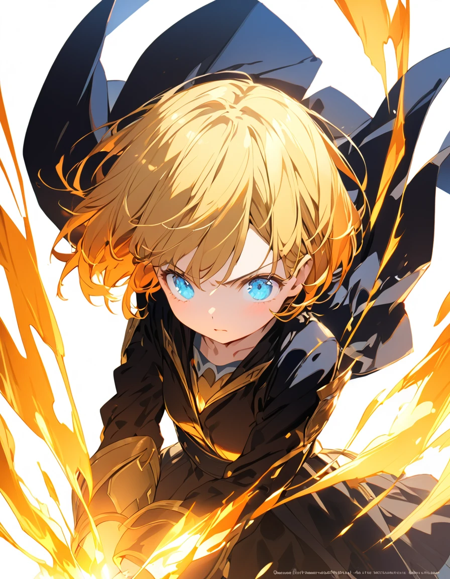 A masterpiece of ultra-precise description of a girl fighting with golden flames (Short Bob Hair:1.4),(blue eyes)glowing flame
