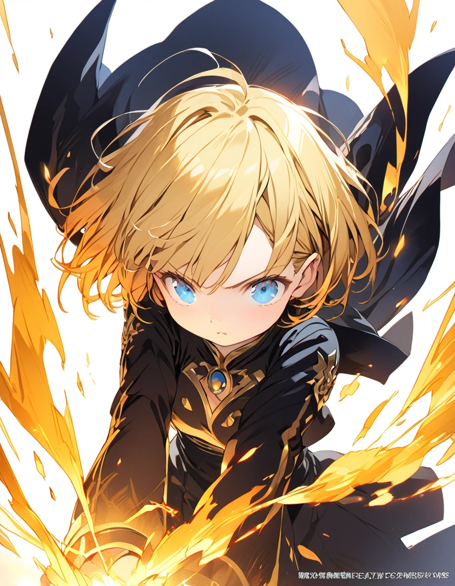 A masterpiece of ultra-precise description of a girl fighting with golden flames (Short Bob Hair:1.4),(blue eyes)glowing flame