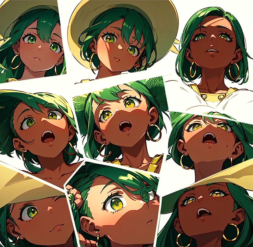 masterpiece, best quality,1girl, ((young girl)), ((large round magical green eyes)), shiny skin, (thin waist), (long curlly green hair), ((curvy)), ((wide hips)), ((hoop earrings)), ((small size)) , ((( yellow overalls))), hot, soft natural lighting, reflections, bright illuminations, deep dark black skin, ((yellow outfit)), full body