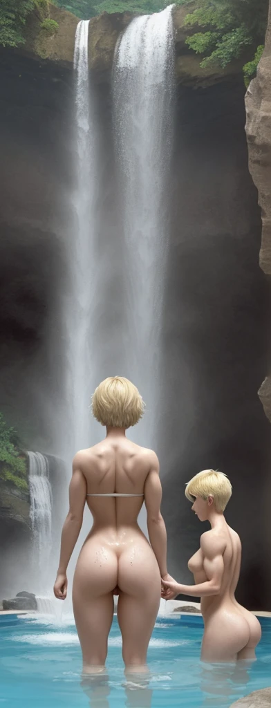 A woman with short blonde hair bathes without clothes under a waterfall.
The woman has well-defined muscles.
The woman has her back turned and the water from the pool reaches her twins..