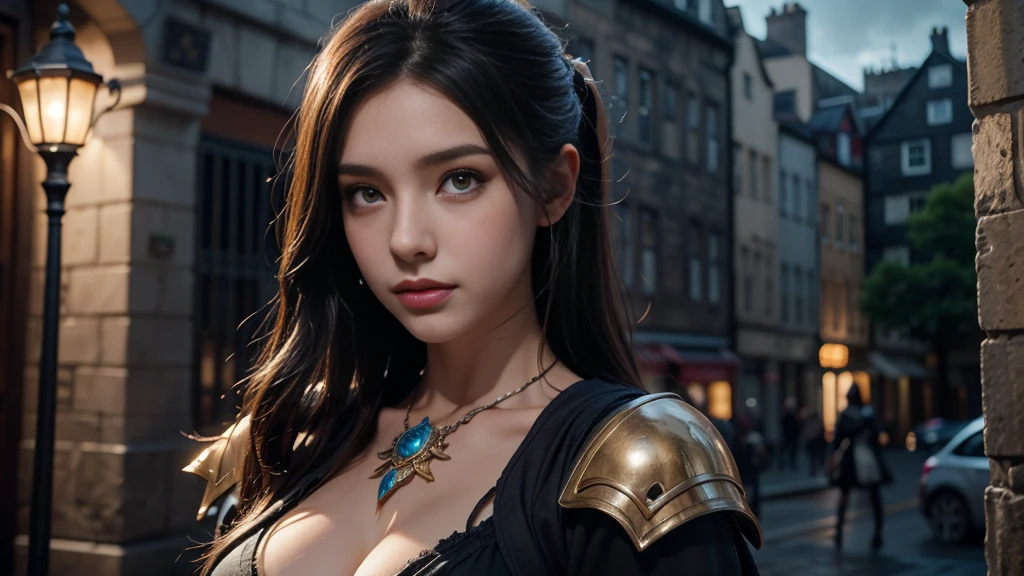 Female Mage Close-up, Girl in robe, 2. 5D CGI anime fantasy artwork, Large Breasts,Epic fantasy digital art style, detailed Digital 2D fantasy art, Digital 2D fantasy art, Gorgeous female mage,Looking at the camera,(glowing magic:1.7) Role Playing Game Character Art, Beautiful female mage, Fantasy Character Art, Epic and beautiful character art, Beautiful female mage,(Edinburgh Street:1.8),light rain,semi-body photography,Looking at the camera