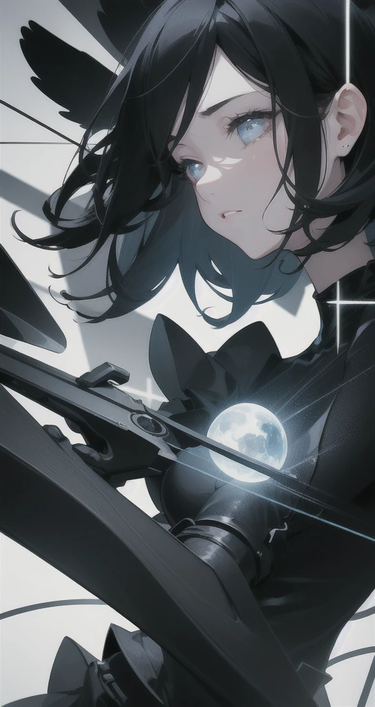 masterpiece, best quality, movie still, 1girl, flying in the sky, black hair, cloud, (close-up:1.1), dark, sad, fun, soft lighting, (Bauhaus, shapes, lines, abstract:1.1)