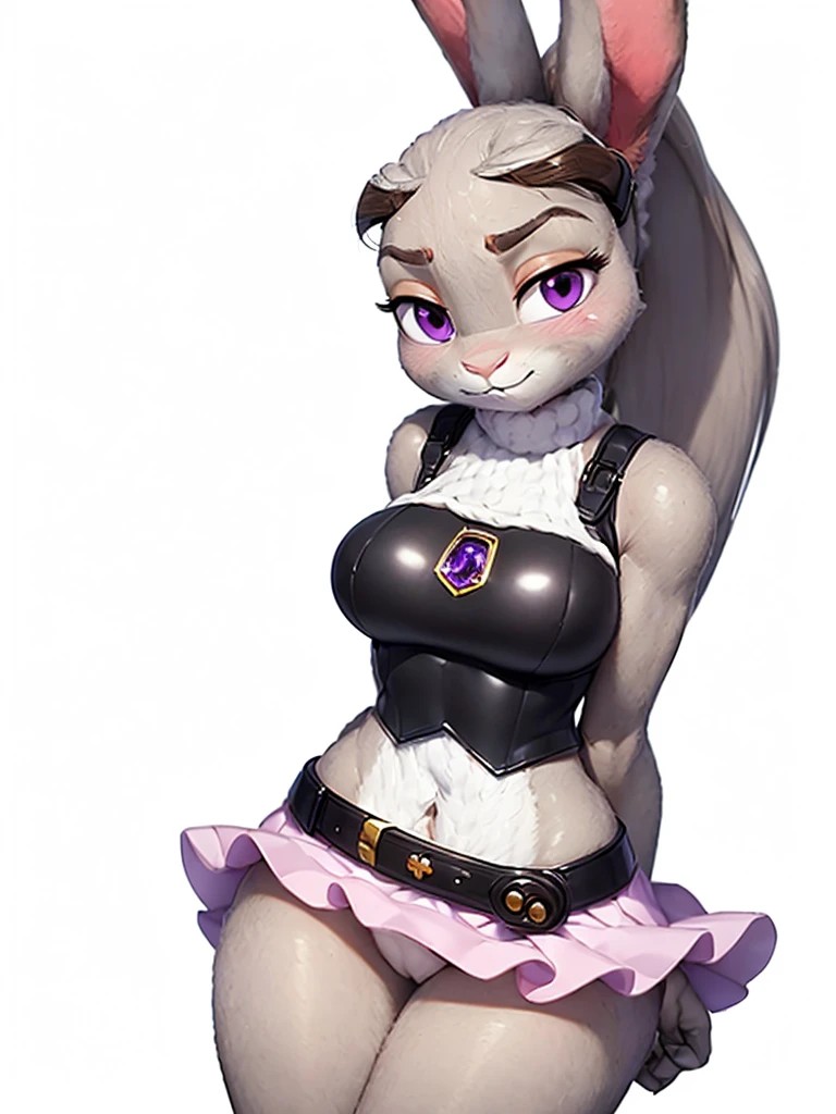 best quality,
masterpiece,
3D anime,
(((solo))),
(((1girl))),
(((Face is JudyHopps))),
(long ears like a rabbit:0.8),
Heir is in a ((ponytail)) style,
bang is feather ((bangs)),
((Her eyes color is purple)),
7 head and body,
she is a new employee,
the upper body is wearing a ((white blouse)),
The lower body is wearing a longskirt,
ears are drooping,
Navel exposed,
(outfit is made of wool:1.4),
((body is made of wool fabric)),
((body is gray with fluffy and fluffy)),
((skin is wool fabric with fluffy and fluffy)),
portrait view,
background there is a secret room,
((She is blushing in the cheeks)),
looking embarrassed,
((troubled expression))