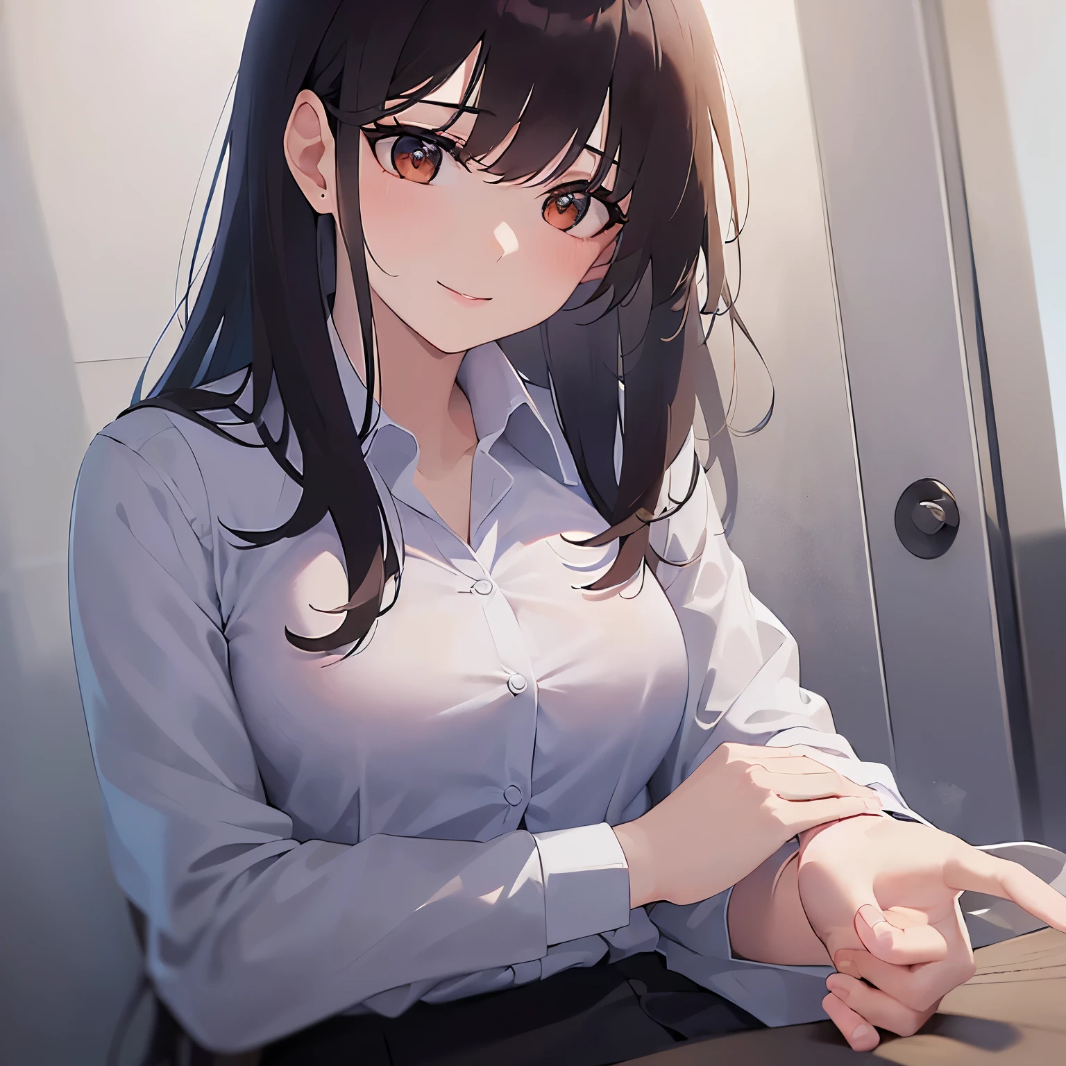 (looking away:1.5), Upper Body, Realistic, real person, (pale skin: 1.2), RAW photo, photorealistic, shiny skin, shiny hair、(A 25-year-old woman with medium-length hair and bangs) and (wavy hair) and (brown hair) and (Orange Eyes) , (business suit:1.5) and (white collared shirt) 、(smile:1.2), Background is an office room、Alone、Sitting