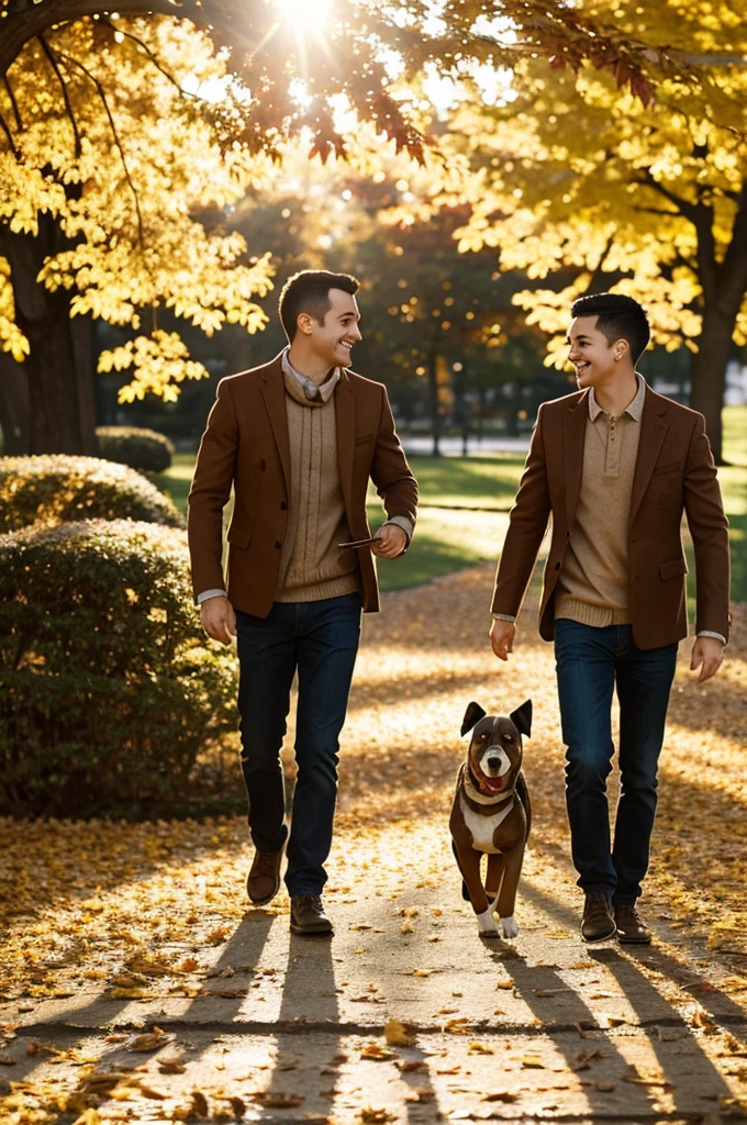 The park is bathed in golden sunlight, with colorful autumn leaves crunching underfoot as Timmy and Max explore together.