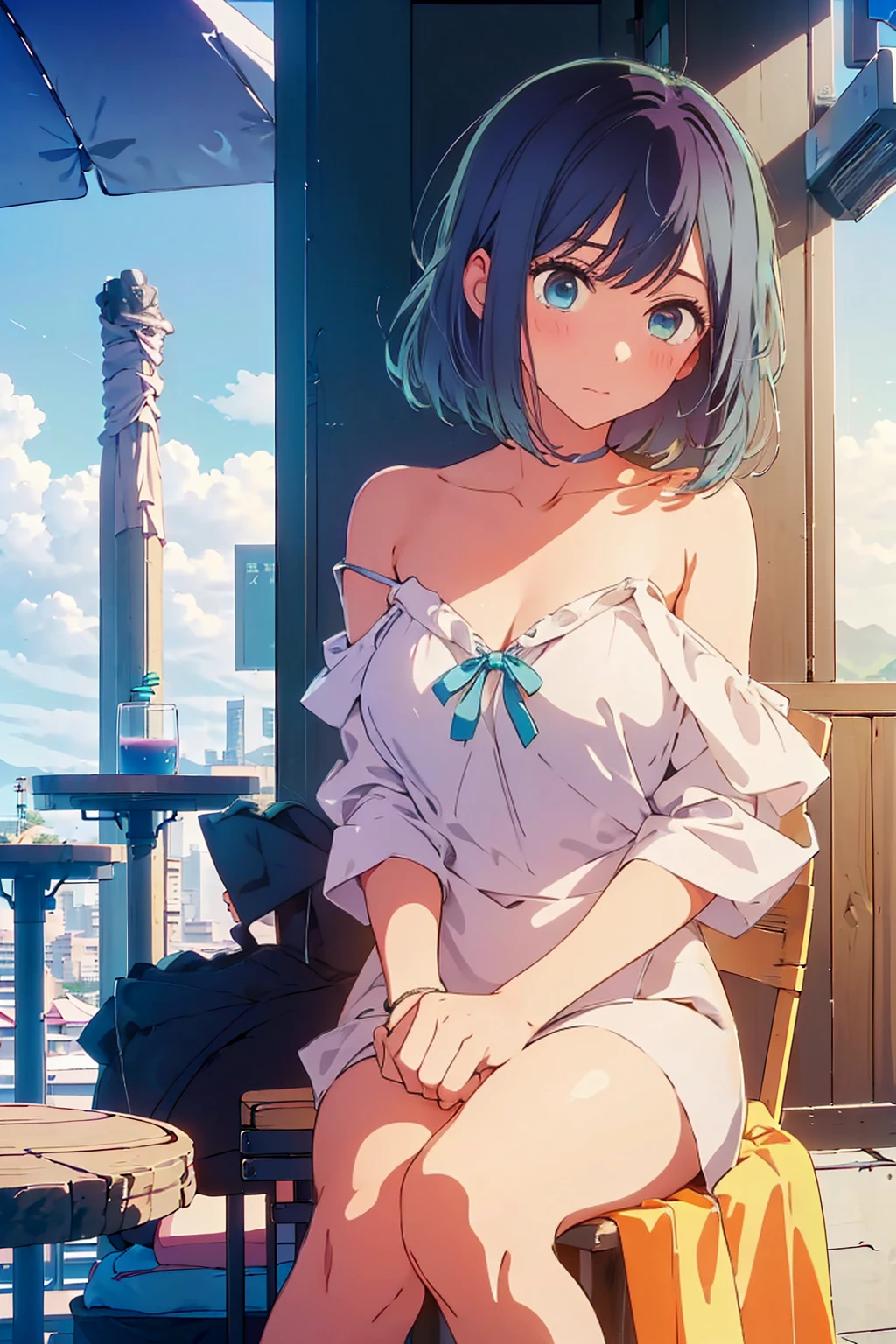 (Highest quality:1.4、masterpiece:1.4、Super detailed:1.4、Ultra-high resolution:1.4、8K:1.4)、Slim body、Big Breasts、((((1 person、Surprised expression、In the background are the urban buildings of Tokyo、looking at the camera、Seaside café terrace、Get up close and take a photo、Very cute face))))、((((nude、very beautiful areola))))、(Pose with hands tucked behind ears:1.4)、(((Black off-shoulder blouson)))、valley、Very blue sky、A completely cloudless sky