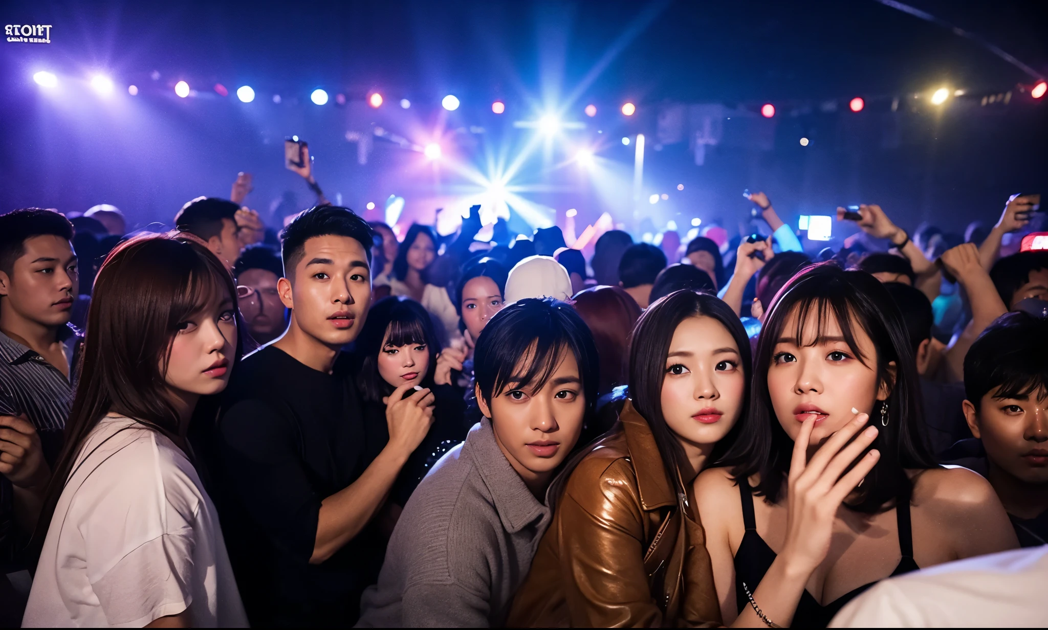 crowd, in night club, thick fog, sony a7, film grain, dark night, Photorealistic, one-point perspective, 32K, diffuse reflection, colorful shiny particles, Lens Flare, soft lighting
