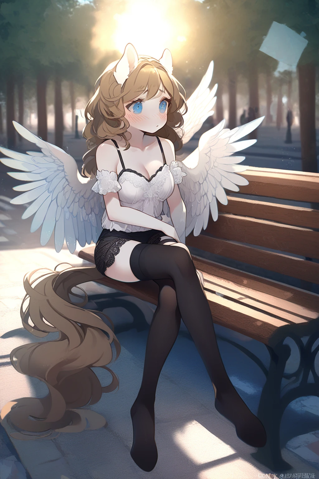 1 girl, CuteStyle, upper body, angel wings, furry, pony furry, blue eyes, white fur, brown mane, long mane, dressed in black , cleavage, medium breasts, black stockings, sitting on a bench, leg over leg, black gloves on her hands, embarrassed, blush, on the street, trees, rays of the sun, detailed, beautiful, delicate tones
