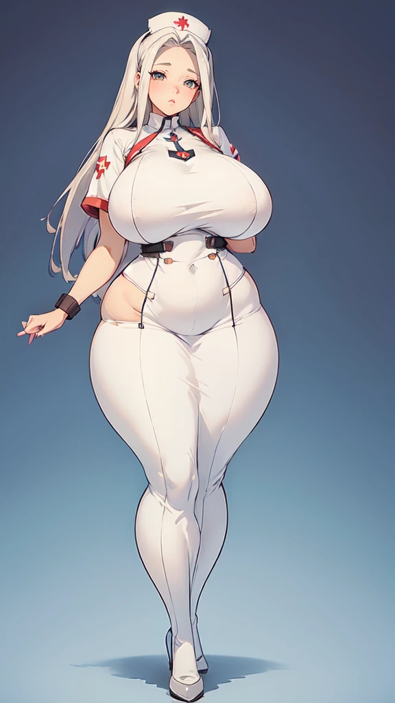 ((blank background)), masterpiece, best quality, silver hair, (curvy:1.7), (massive breast:1.5), ((full body framing)), (long legs:1.6), symmetry, nurse woman, nurse uniform
nurse cap