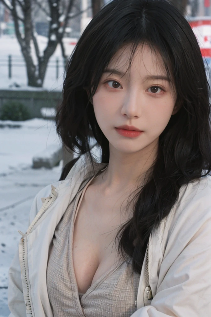 best qualtiy， Ultra-high resolution， （realisticlying：1.4）， one-girl，Pink Long Hair， A pair of clear and moving eyes,Royal Sister，Snow white coat， looking at viewert， closeup cleavage ，