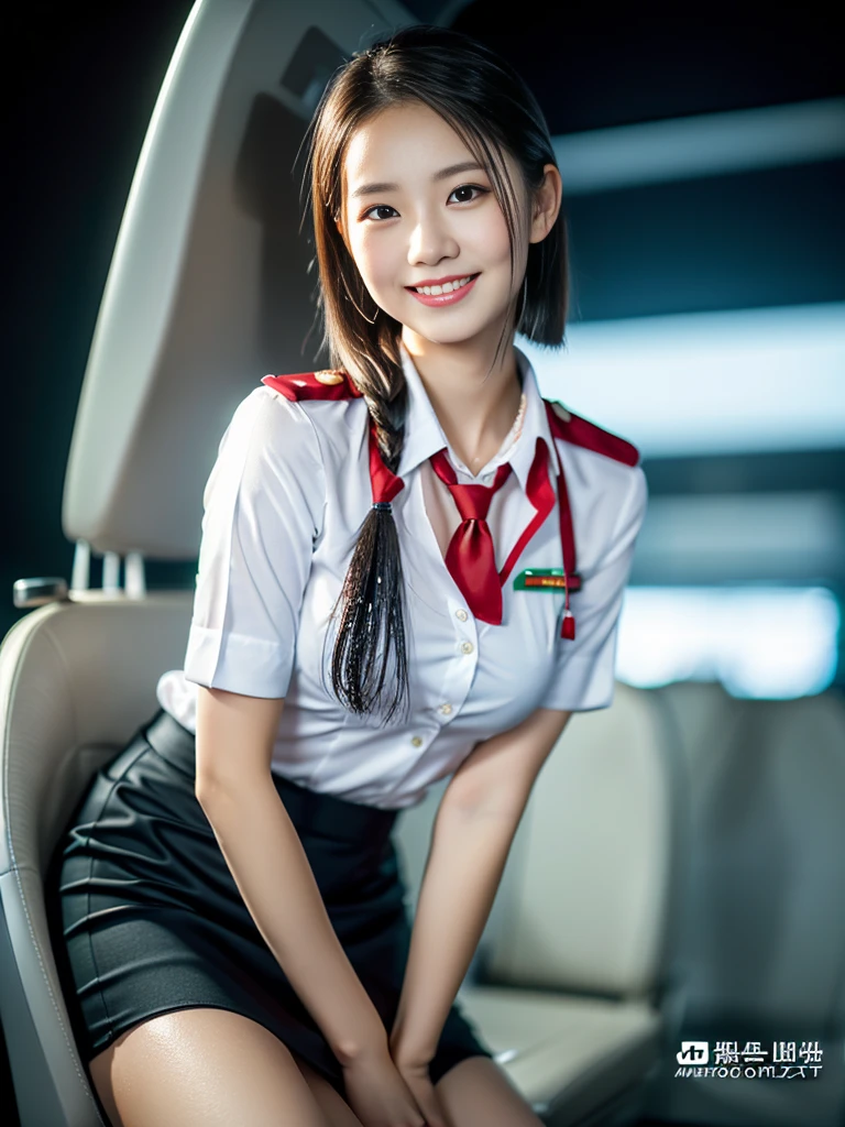 (a gorgeous lady, age 21, Flight Attendant uniform, Shenzhen Airlines Stewardess, wet white shirt, wet red mini-skirt, kneeling in bathroom, dimpled smile, short ponytail hair, short bob hair, cute snaggle-tooth, well-endowed round bosom, long flawless legs, photorealistic, beautiful detailed eyes, beautiful detailed face, hyper-realism, high contrast, ultra HD, realistic skin textures, top image quality, top-quality, super high resolution, fine details, very meticulously, close-up shot, head to thigh, masterpiece, romantic night, dark bokeh background)