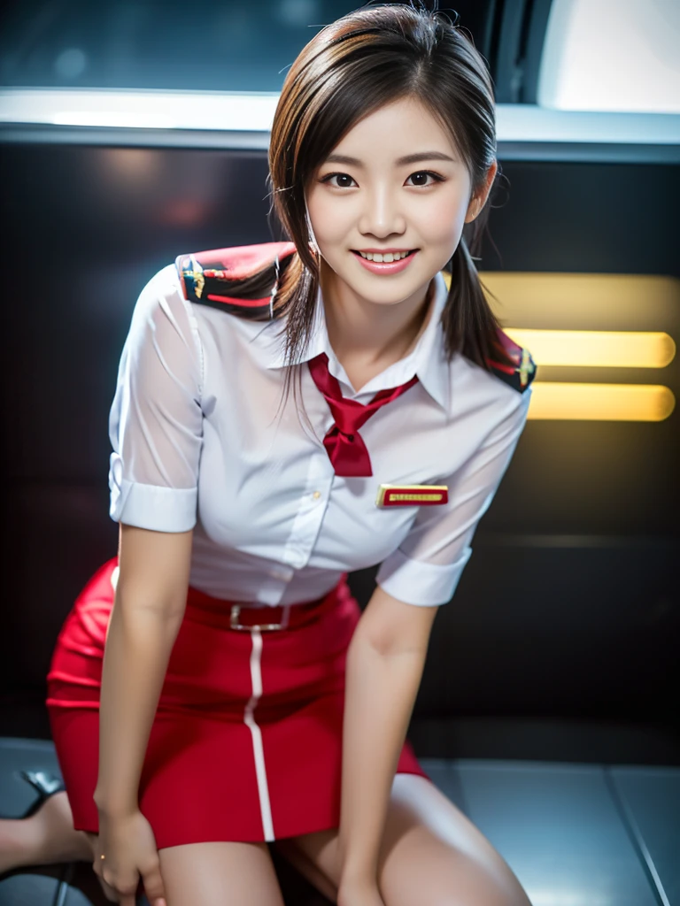 (a gorgeous lady, 21, Flight Attendant uniform, Shenzhen Airlines Stewardess, wet white shirt, wet red mini-skirt, kneeling in bathroom, dimpled smile, short ponytail hair, short bob hair, cute snaggle-tooth, well-endowed round bosom, long flawless legs, photorealistic, beautiful detailed eyes, beautiful detailed face, hyper-realism, high contrast, ultra HD, realistic skin textures, top image quality, top-quality, super high resolution, fine details, very meticulously, close-up shot, head to thigh, masterpiece, romantic night, dark bokeh background)