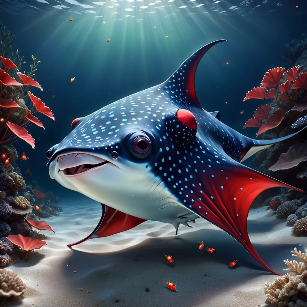 A hyper-realistic digital artwork of an adorable Dark Blue and Red Polka Dotted Manta Ray With Long Tail Along the Seafloor, expressive eyes. The ghost is slightly translucent and shimmering with tiny fireflies under a dimly lit night sky. Leaves gently fall around it, adding to the magical, serene atmosphere. The scene is set on a rough textured surface that resembles the wood. The color palette is dominated by shades of green and grey, emphasizing a chilly, enchanting ambiance