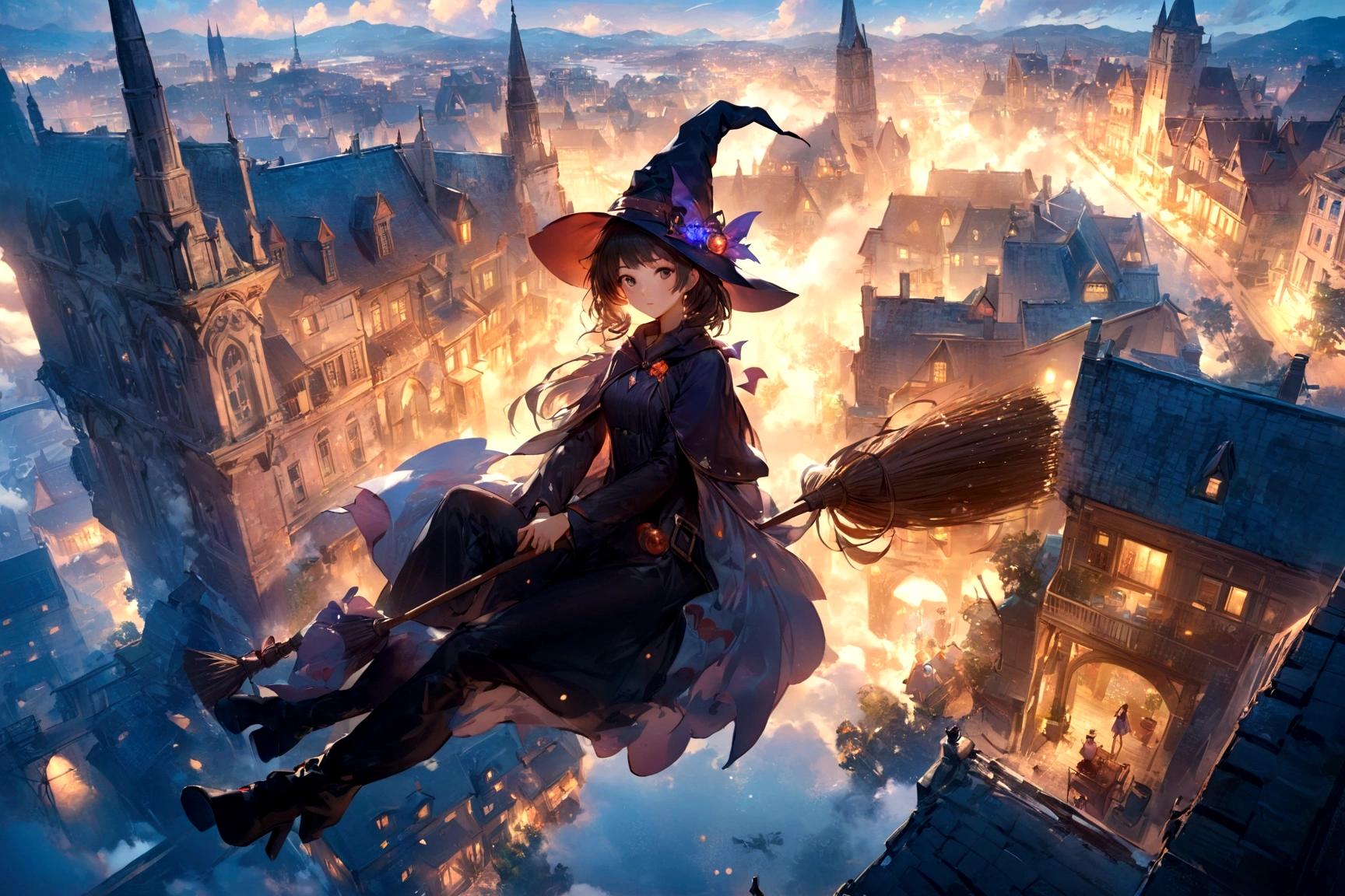 witch flying over a city with a broom and a hat, guweiz on artstation pixiv, guweiz on pixiv artstation, ross tran 8 k, 2. 5 d cgi anime fantasy artwork, guweiz, sky witch, artwork in the style of guweiz, mechanized witch girl, anime fantasy artwork, ross tran. scenic background
